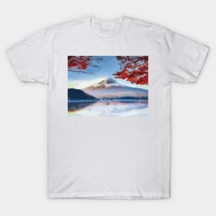 Cherry Blossoms over Mt Fuji Digital Painting T-Shirt